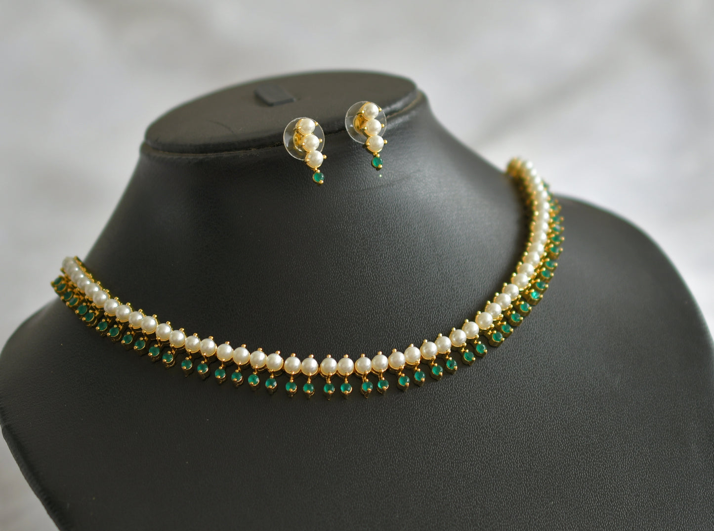 Gold tone green-pearl stone necklace set dj-46638