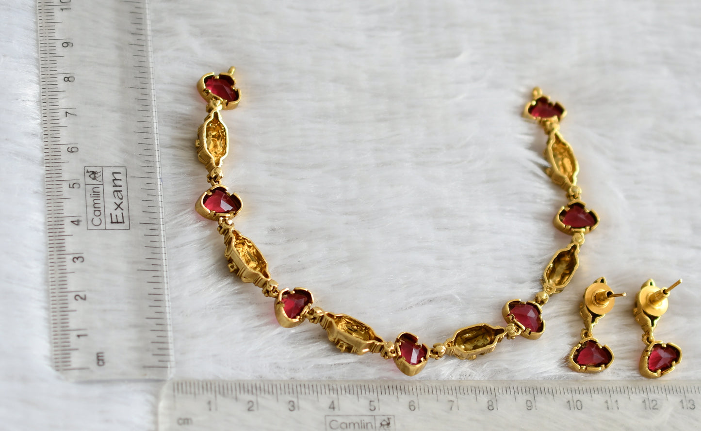 Antique gold tone magenta pink stone necklace set dj-48361