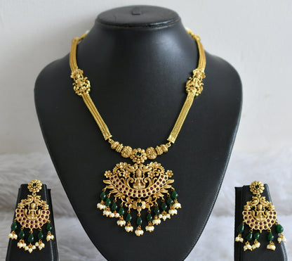 Matte finish ruby-green beaded lakshmi peacock necklace set dj-48369