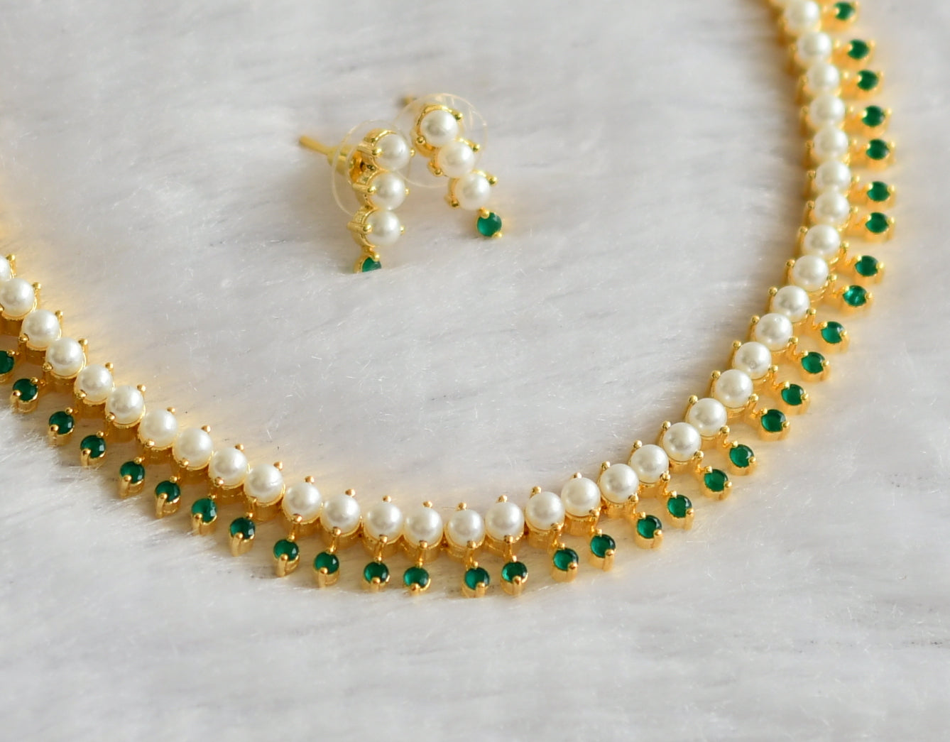 Gold tone green-pearl stone necklace set dj-46638