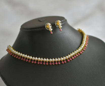 Gold tone ruby-pearl stone necklace set dj-46640