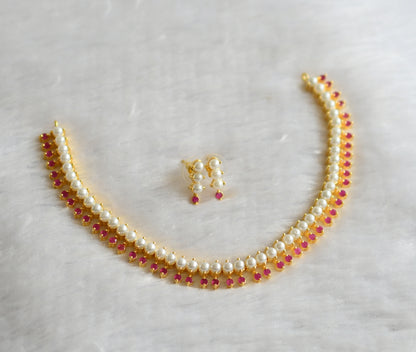 Gold tone ruby-pearl stone necklace set dj-46640