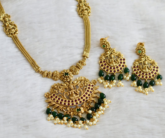 Matte finish ruby-green beaded lakshmi peacock necklace set dj-48369