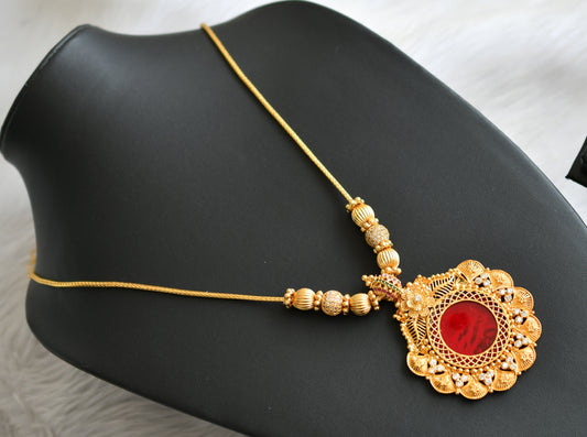 Gold tone white stone red round Kerala style kodi necklace dj-42123