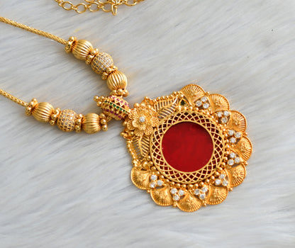 Gold tone white stone red round Kerala style kodi necklace dj-42123