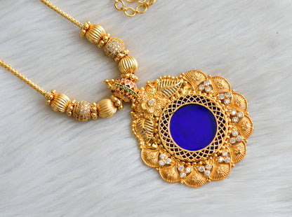 Gold tone white stone blue round Kerala style kodi necklace dj-42124