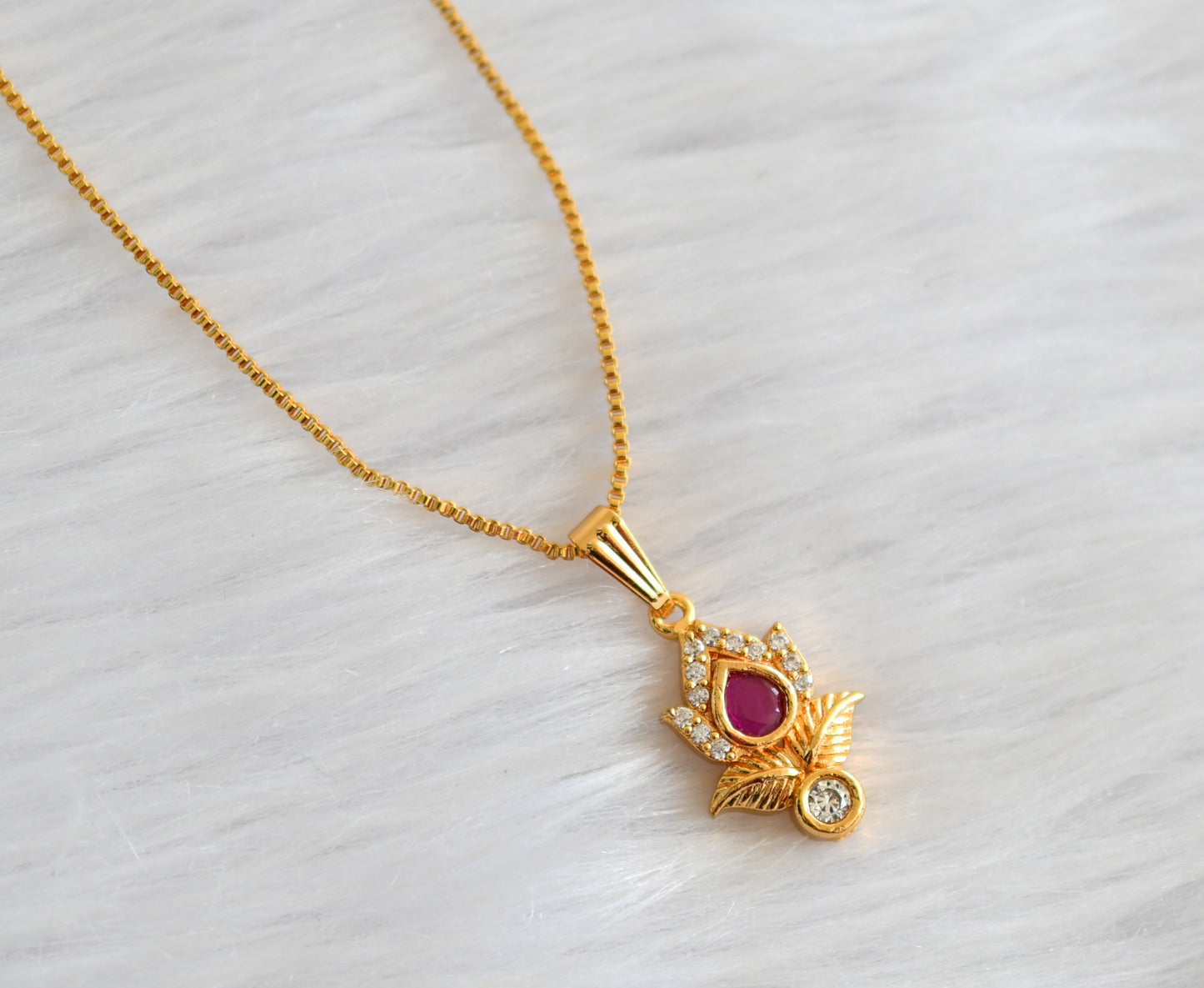 Gold tone 18 inches chain with cz ruby-white stone pendant dj-43412