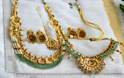 Matte finish kemp-green-white sea green beaded lakshmi peacock mango semi bridal set dj-46643