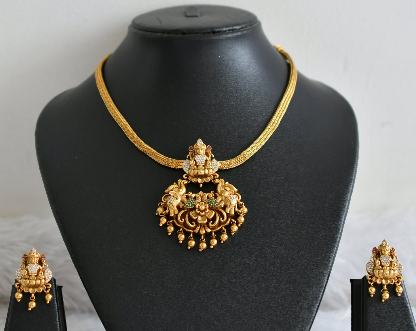 Matte finish ruby-green-white lakshmi elephant nakshi necklace set dj-48362