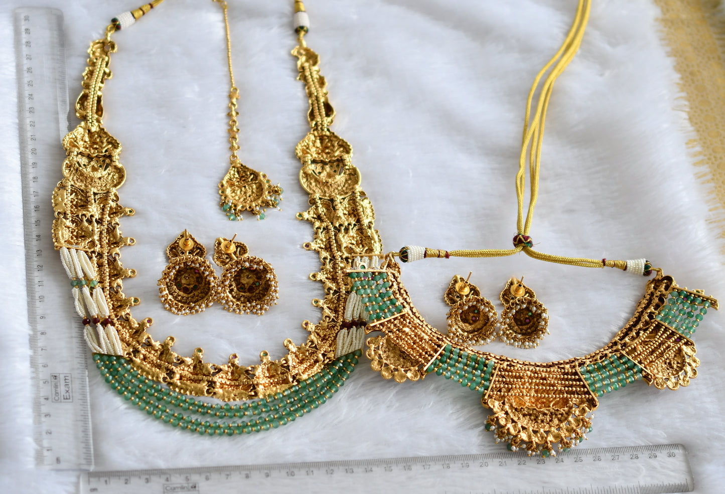 Matte finish kemp-green-white sea green beaded lakshmi peacock semi bridal set dj-46644