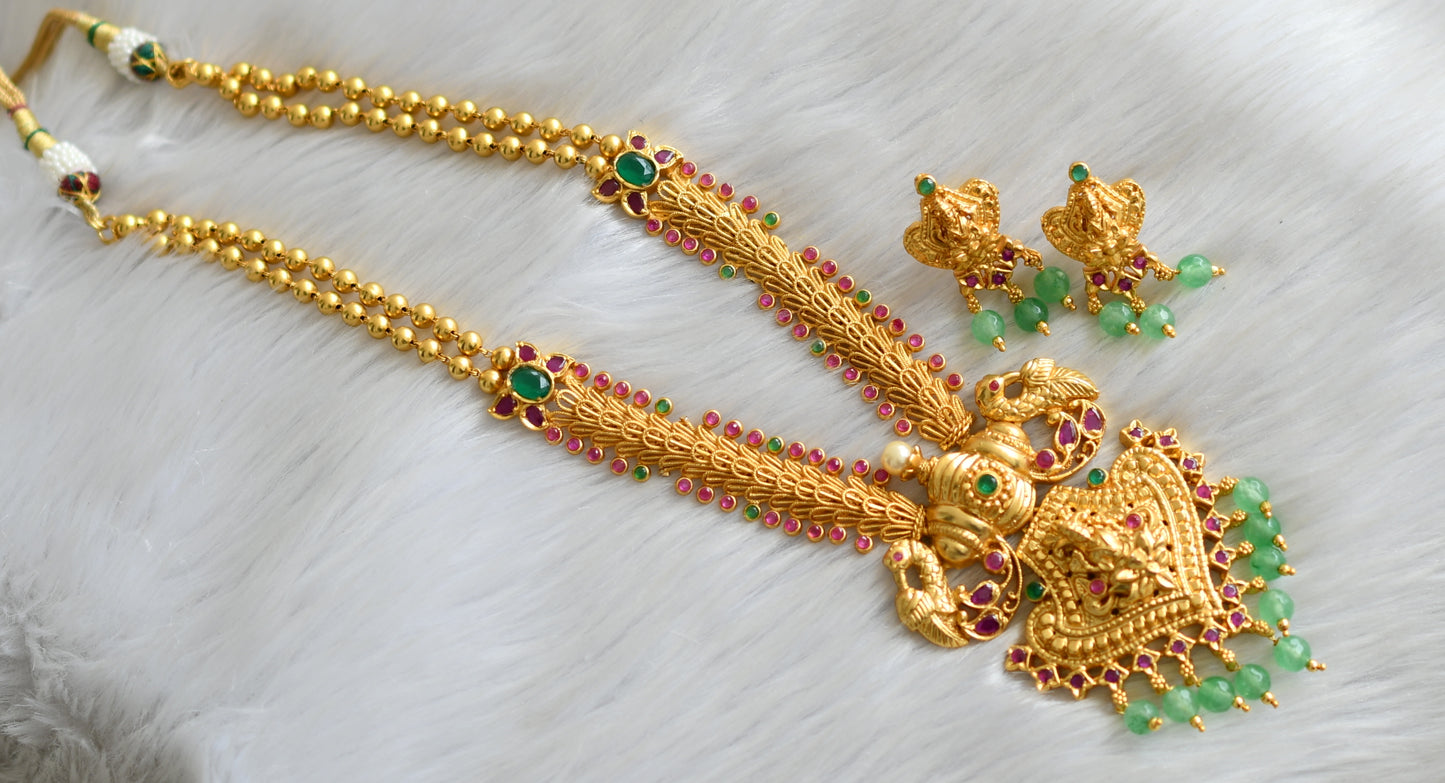 Gold tone ruby-green stone Lakshmi green agates necklace set dj-42144