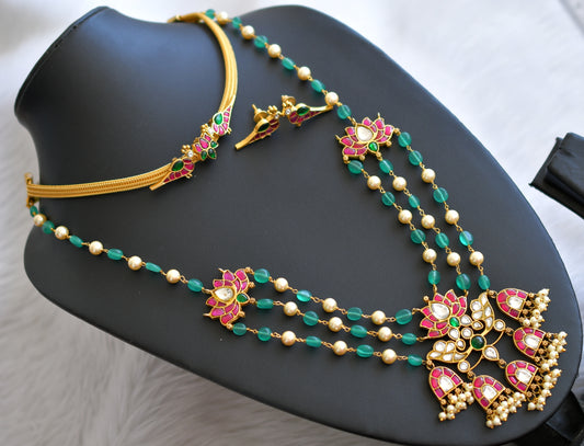 Gold tone pink-green-white kundan jadau lotus haar combo set dj-44964