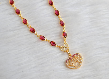 Gold tone 24 inches magenta pink stone chain with ruby-white heart pendant dj-43417