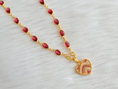 Gold tone 24 inches magenta pink stone chain with ruby-white heart pendant dj-43416