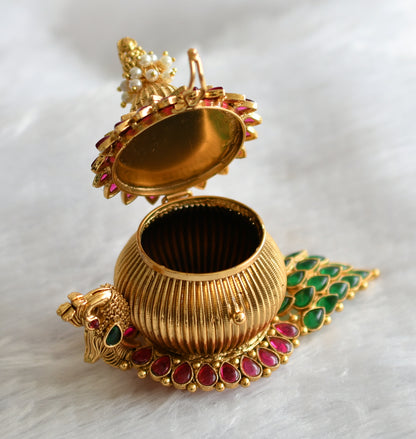 Antique gold tone kemp-green lakshmi peacock kumkum box dj-46647