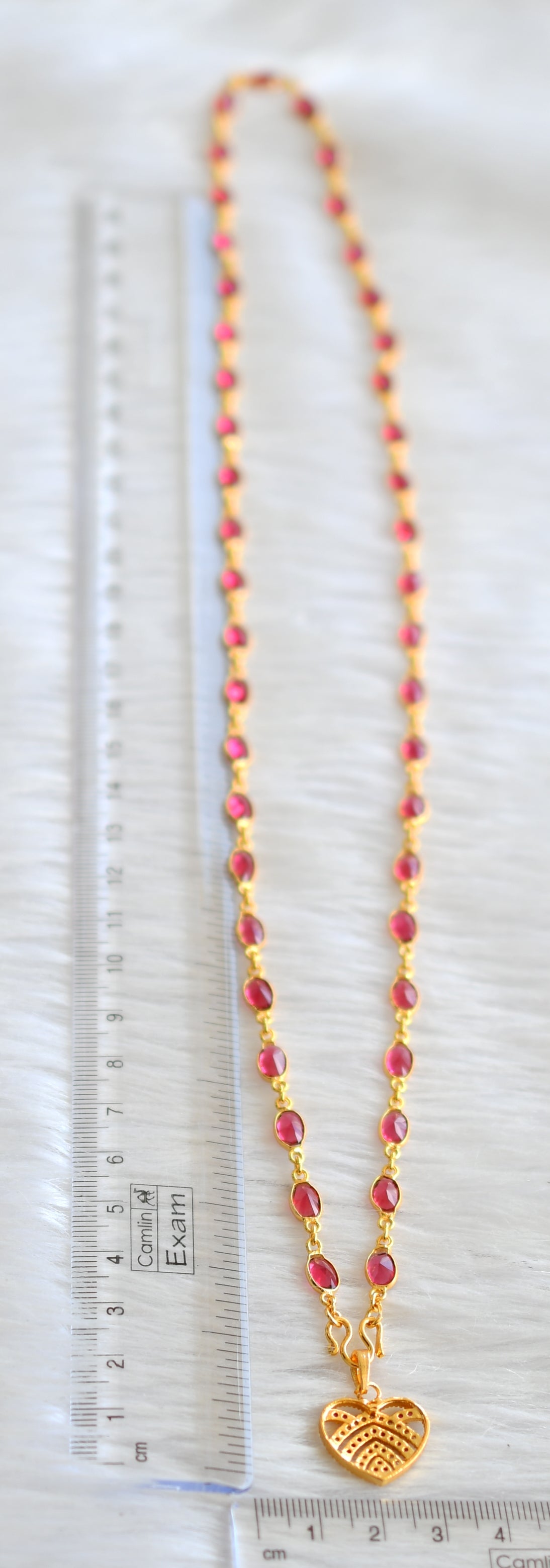 Gold tone 24 inches magenta pink stone chain with ruby-white heart pendant dj-43416