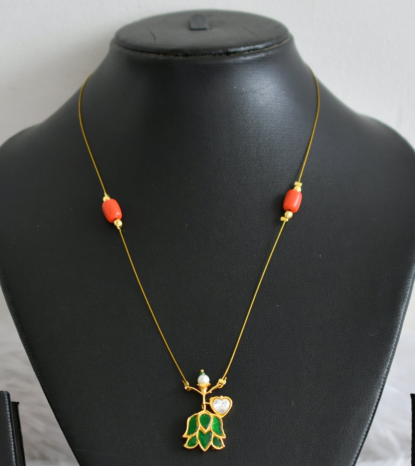 Gold tone coral bead green-white kundan jadau lotus invisible necklace dj-48353