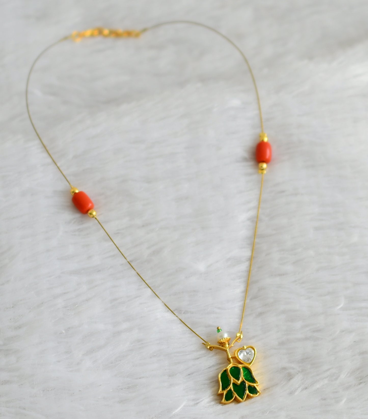 Gold tone coral bead green-white kundan jadau lotus invisible necklace dj-48353