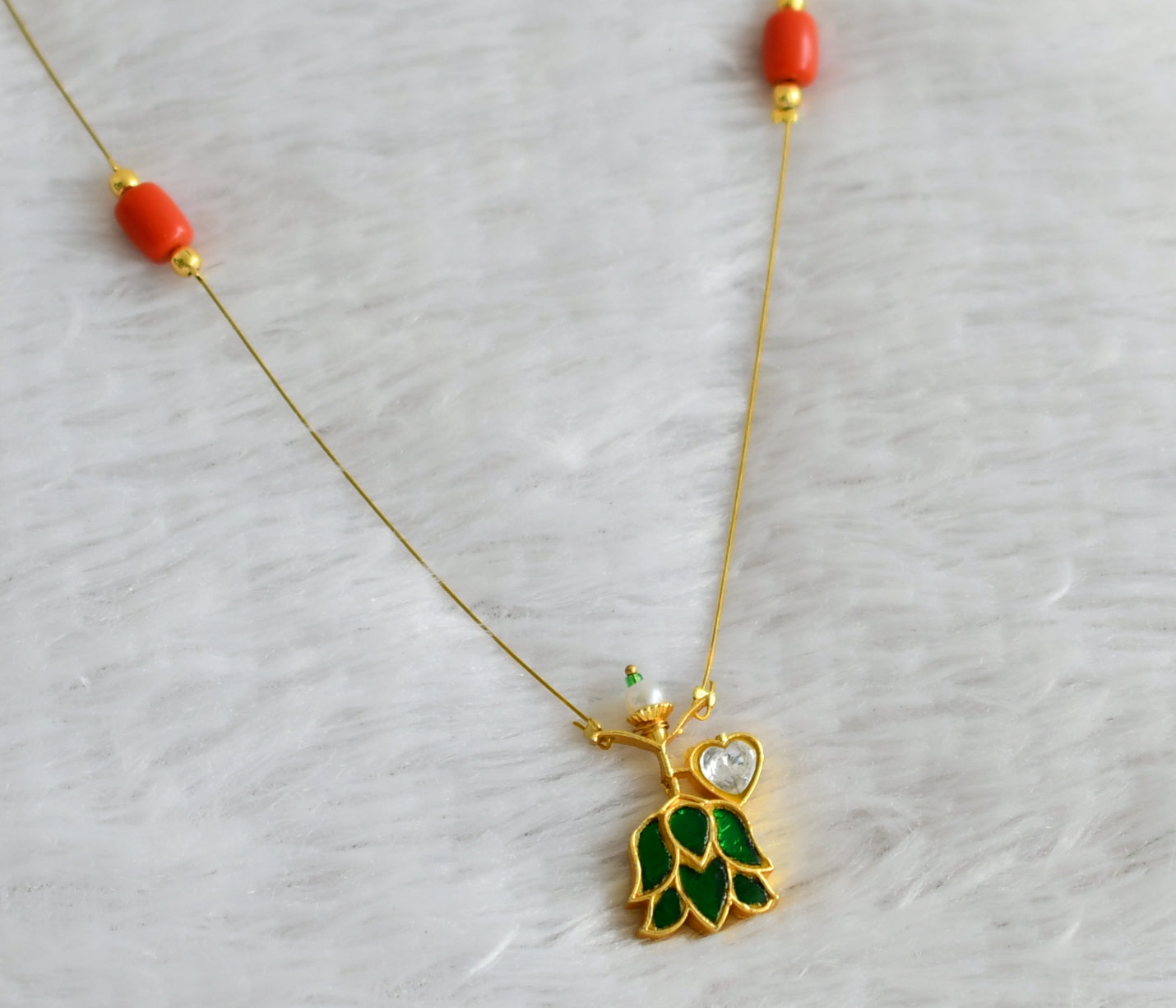 Gold tone coral bead green-white kundan jadau lotus invisible necklace dj-48353