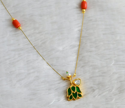 Gold tone coral bead green-white kundan jadau lotus invisible necklace dj-48353