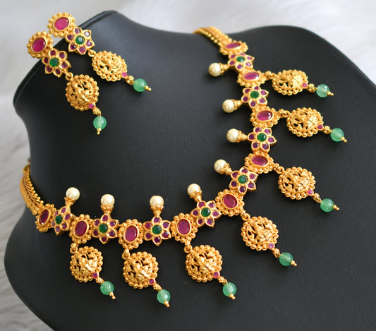 Gold tone ruby-green Lakshmi flower green agates beads necklace set dj-42148