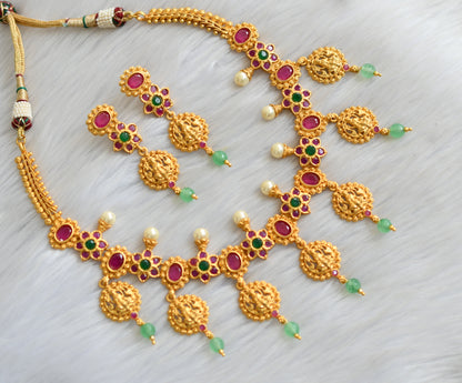 Gold tone ruby-green Lakshmi flower green agates beads necklace set dj-42148