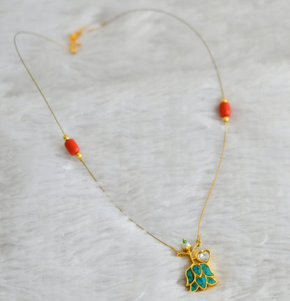 Gold tone coral bead turquoise blue-white kundan jadau lotus invisible necklace dj-48354