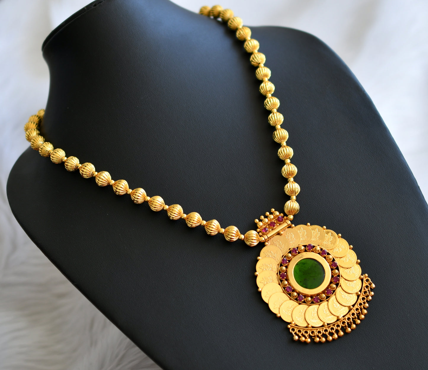 Gold tone kerala style pink-green lakshmi coin round necklace dj-44956