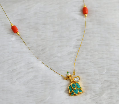 Gold tone coral bead turquoise blue-white kundan jadau lotus invisible necklace dj-48354