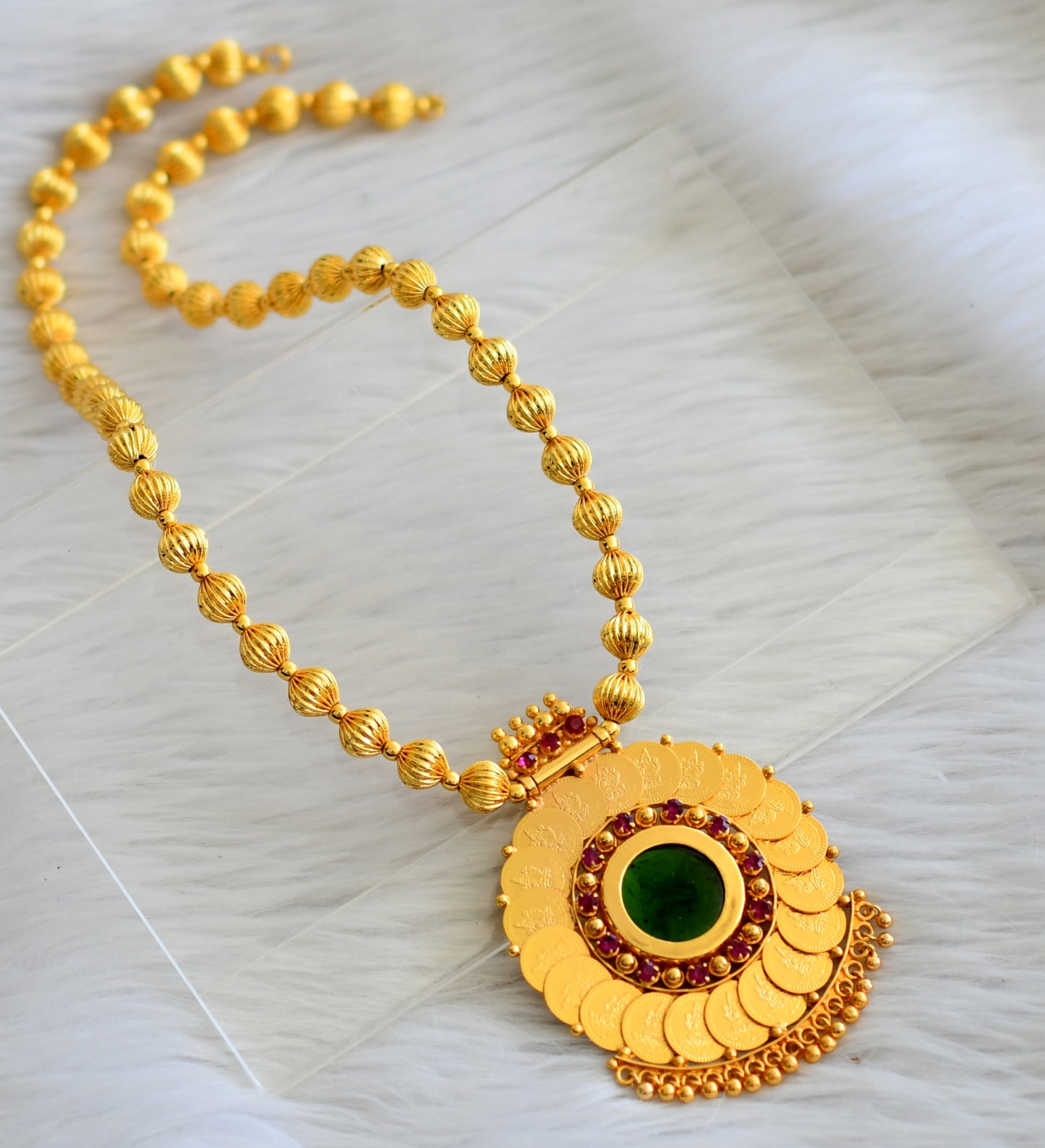 Gold tone kerala style pink-green lakshmi coin round necklace dj-44956