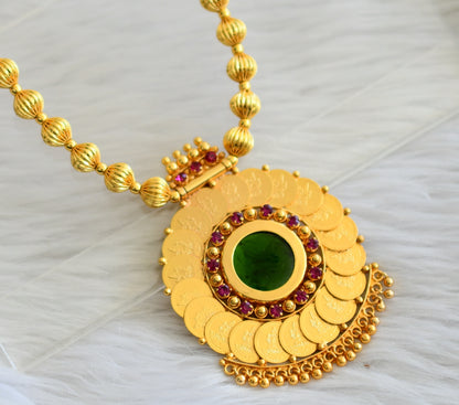 Gold tone kerala style pink-green lakshmi coin round necklace dj-44956