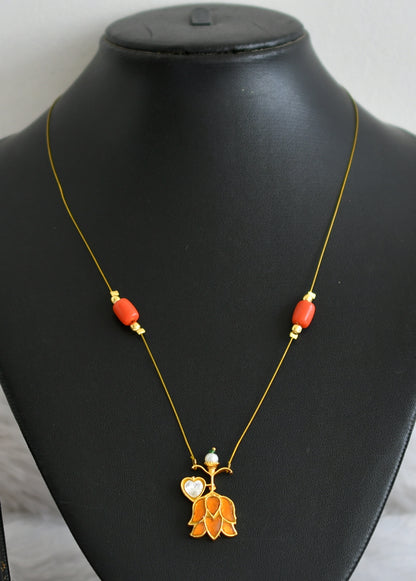 Gold tone coral bead yellow-white kundan jadau lotus invisible necklace dj-48352