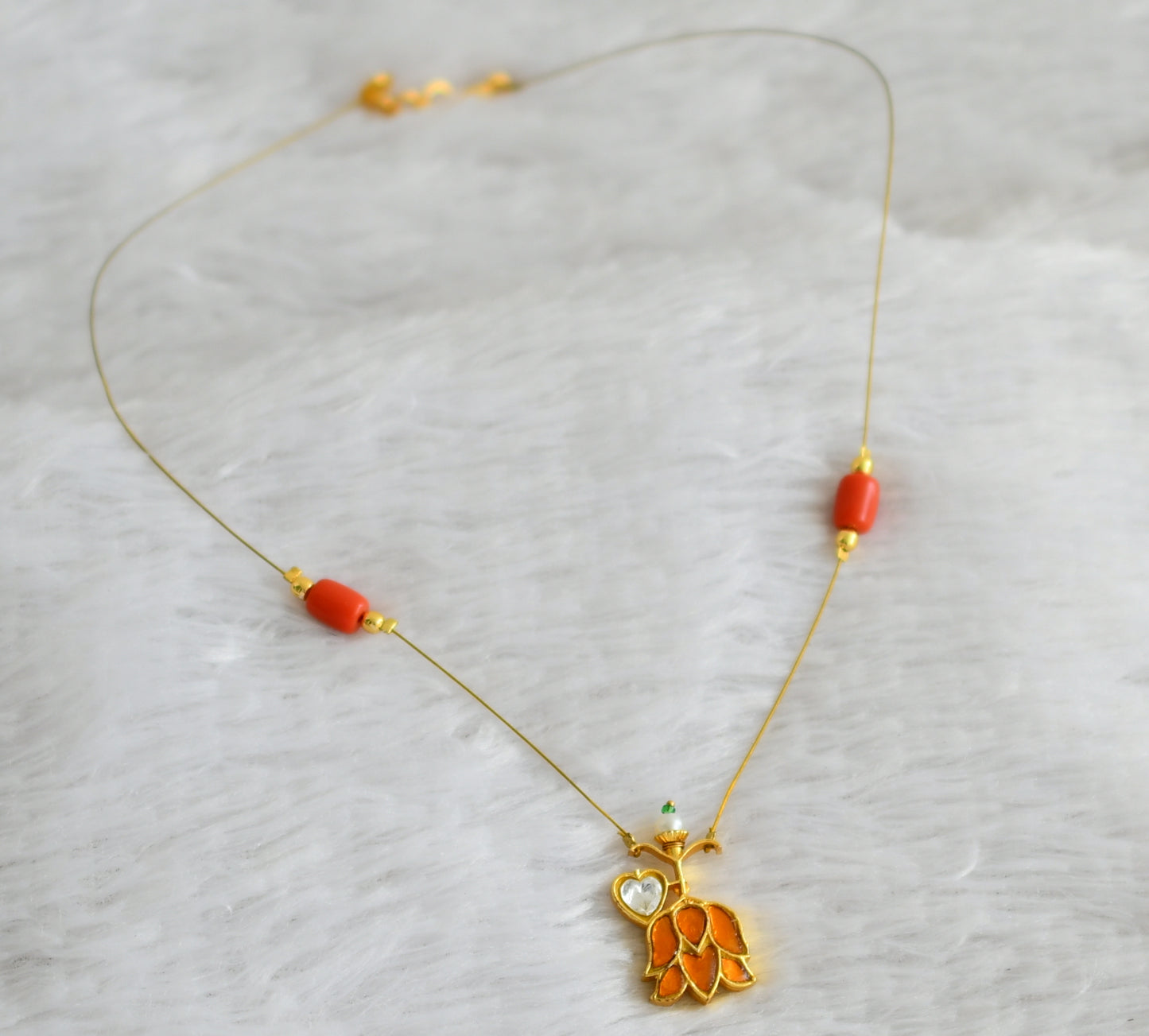 Gold tone coral bead yellow-white kundan jadau lotus invisible necklace dj-48352