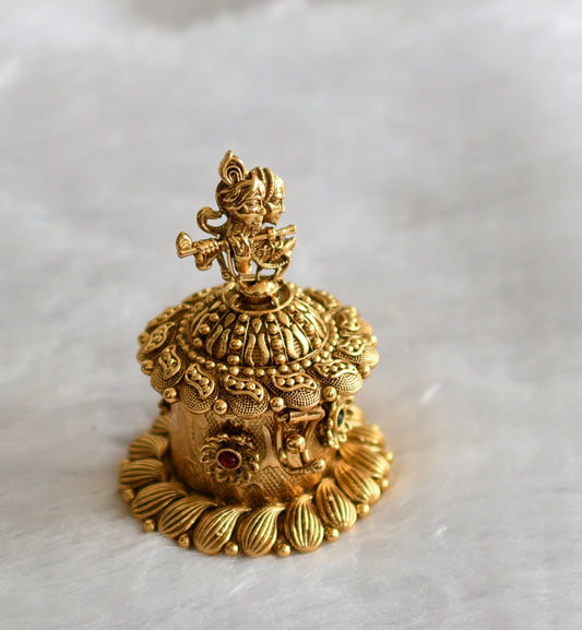 Antique gold tone kemp-green radha- krishna flower kumkum box dj-46652