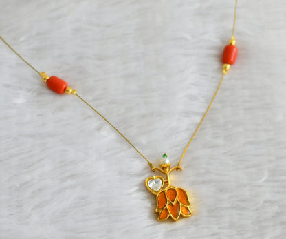 Gold tone coral bead yellow-white kundan jadau lotus invisible necklace dj-48352