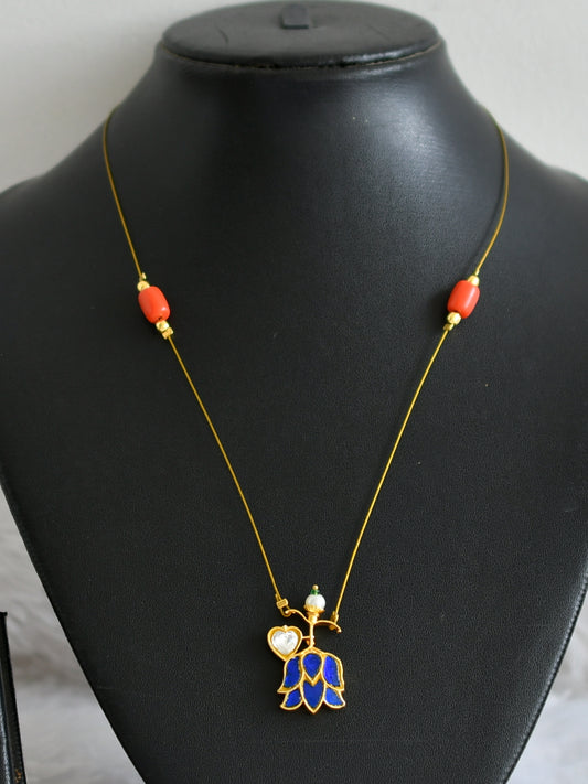 Gold tone coral bead blue-white kundan jadau lotus invisible necklace dj-48355