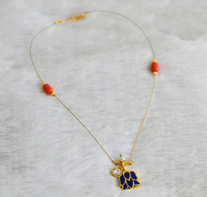 Gold tone coral bead blue-white kundan jadau lotus invisible necklace dj-48355