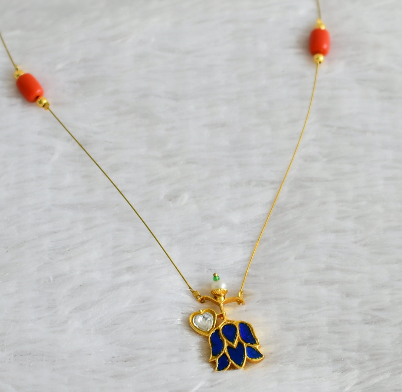 Gold tone coral bead blue-white kundan jadau lotus invisible necklace dj-48355