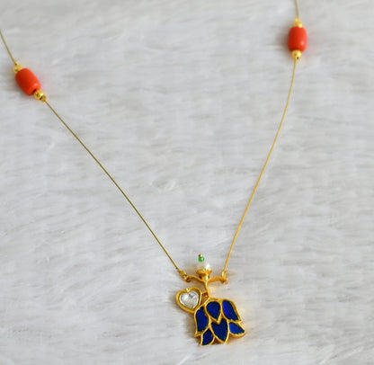 Gold tone coral bead blue-white kundan jadau lotus invisible necklace dj-48355