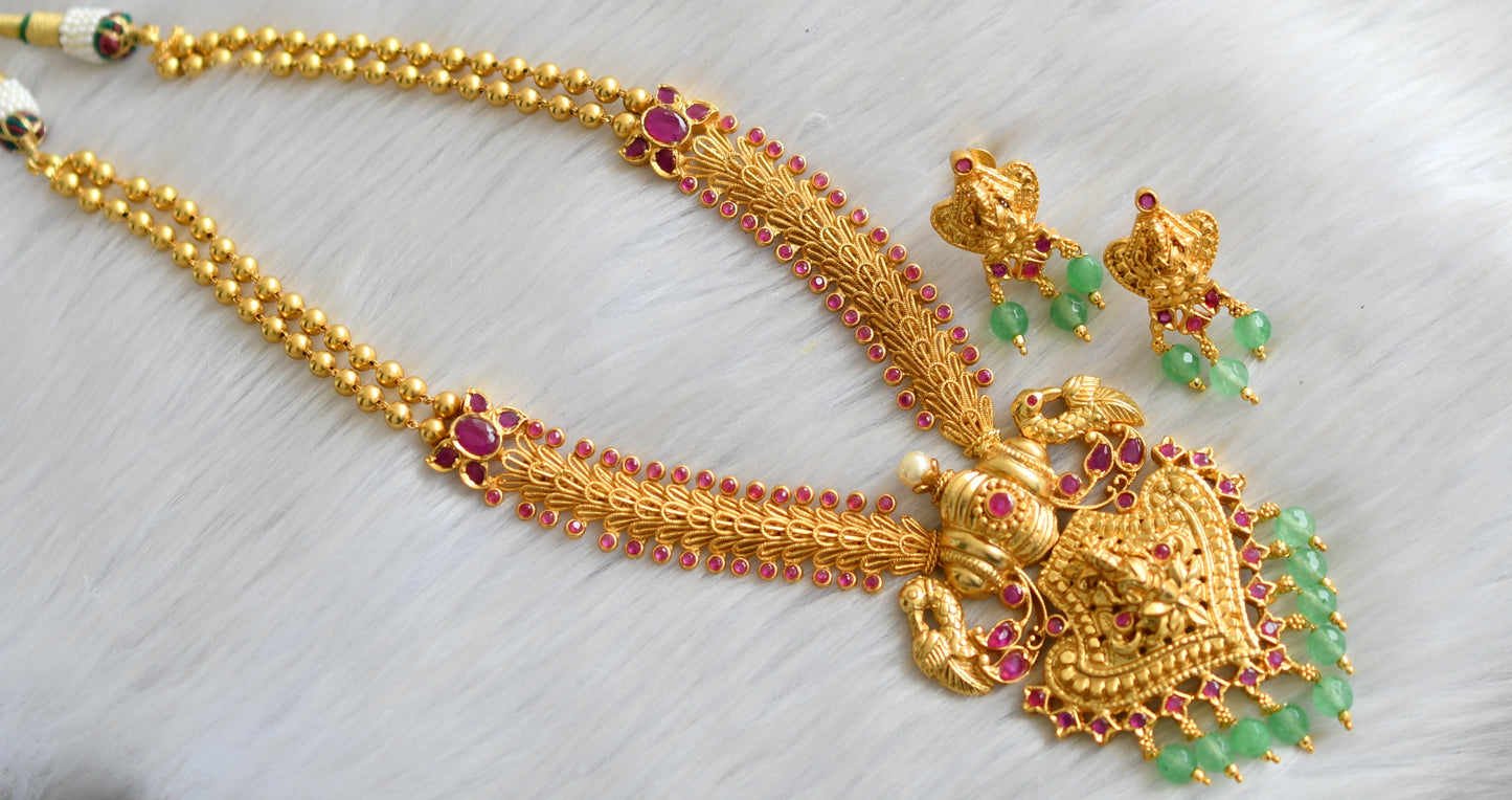 Gold tone ruby stone Lakshmi green agates necklace set dj-42145