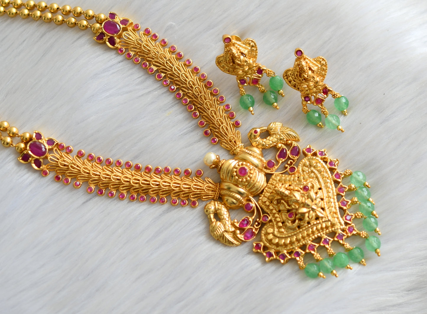 Gold tone ruby stone Lakshmi green agates necklace set dj-42145