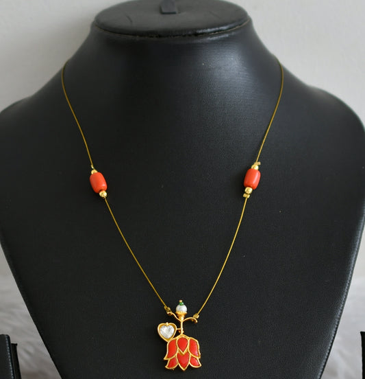 Gold tone coral-white kundan jadau lotus invisible necklace dj-48351