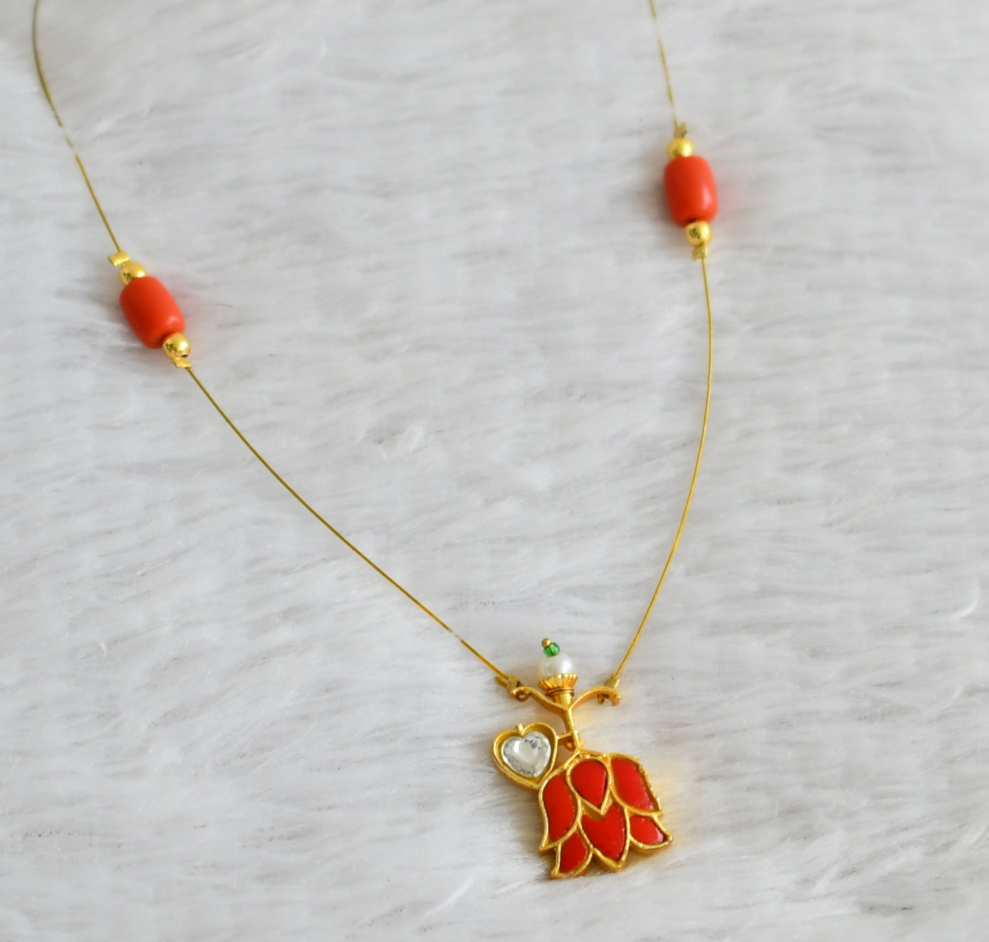 Gold tone coral-white kundan jadau lotus invisible necklace dj-48351