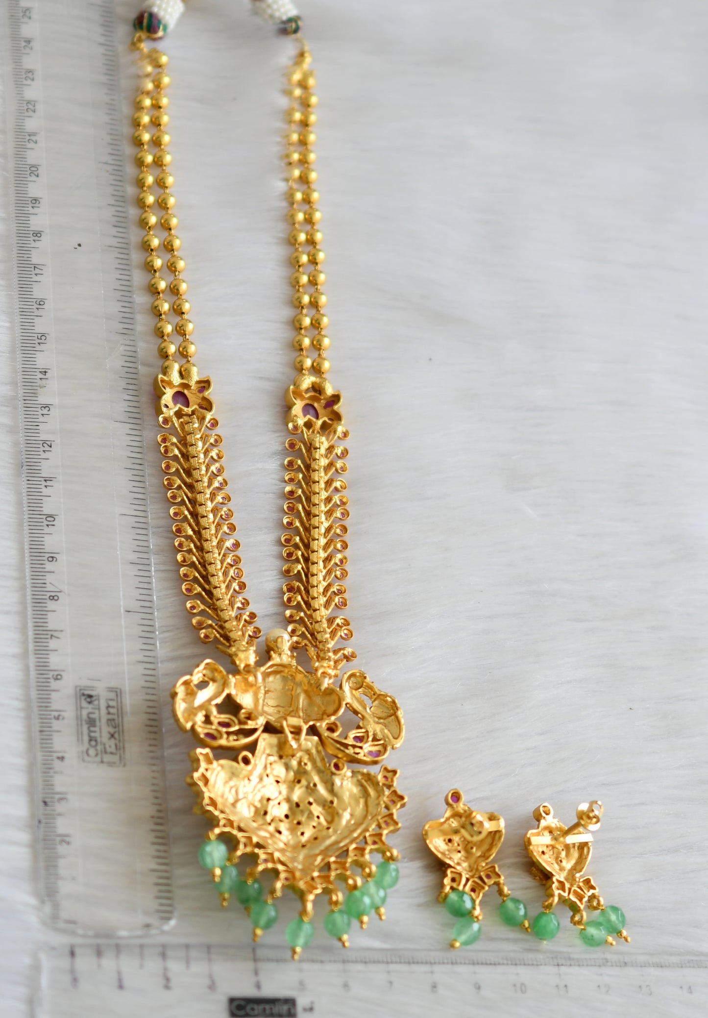 Gold tone ruby stone Lakshmi green agates necklace set dj-42145
