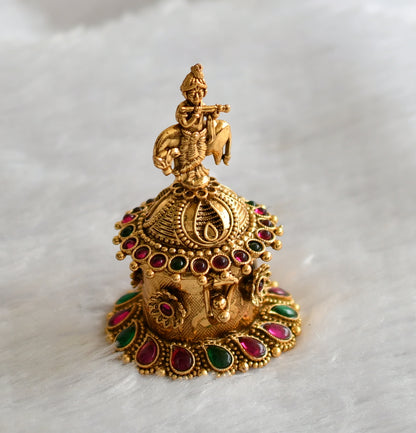 Antique gold tone kemp-green-flower krishna kumkum box dj-46650