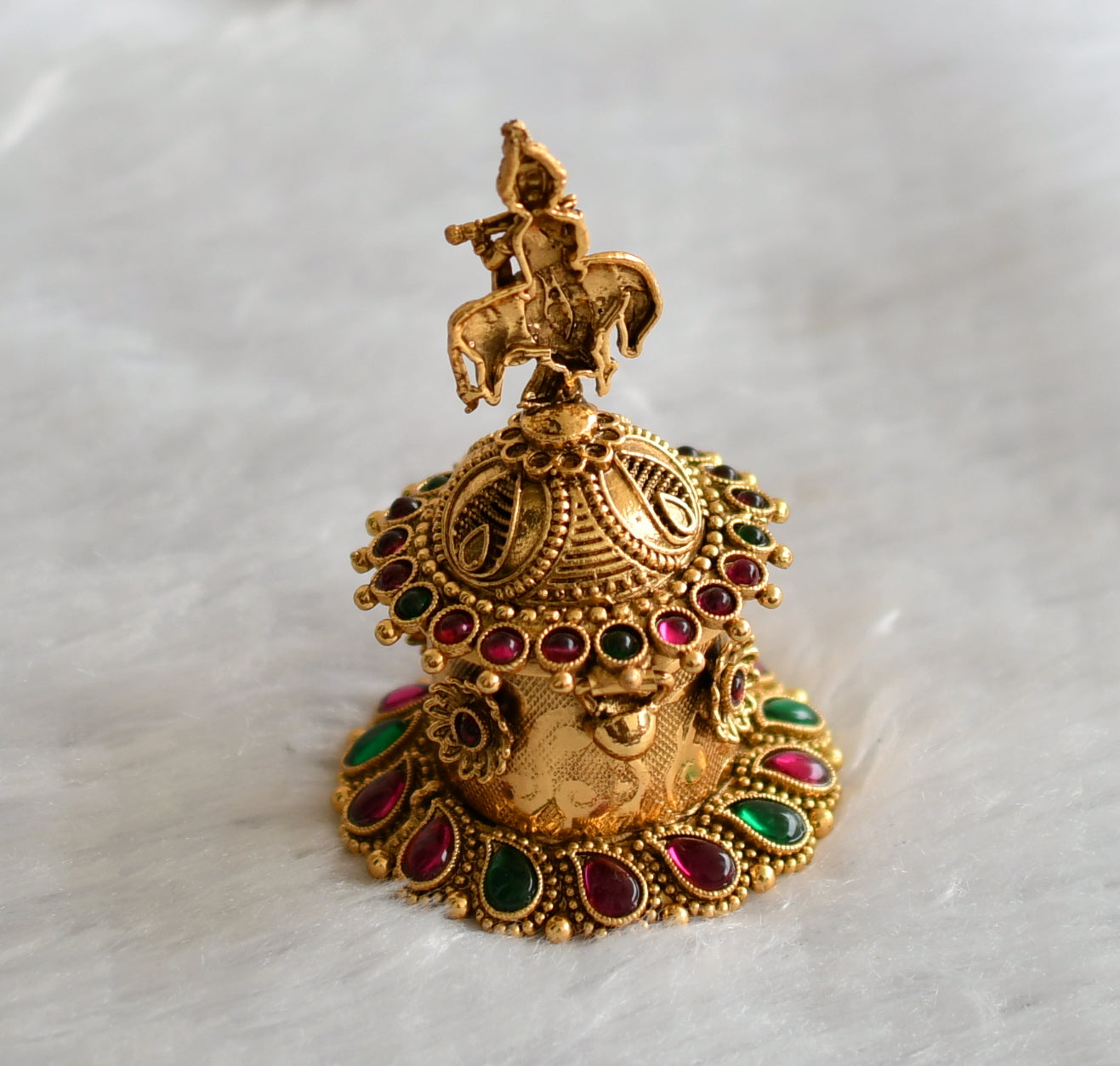 Antique gold tone kemp-green-flower krishna kumkum box dj-46650