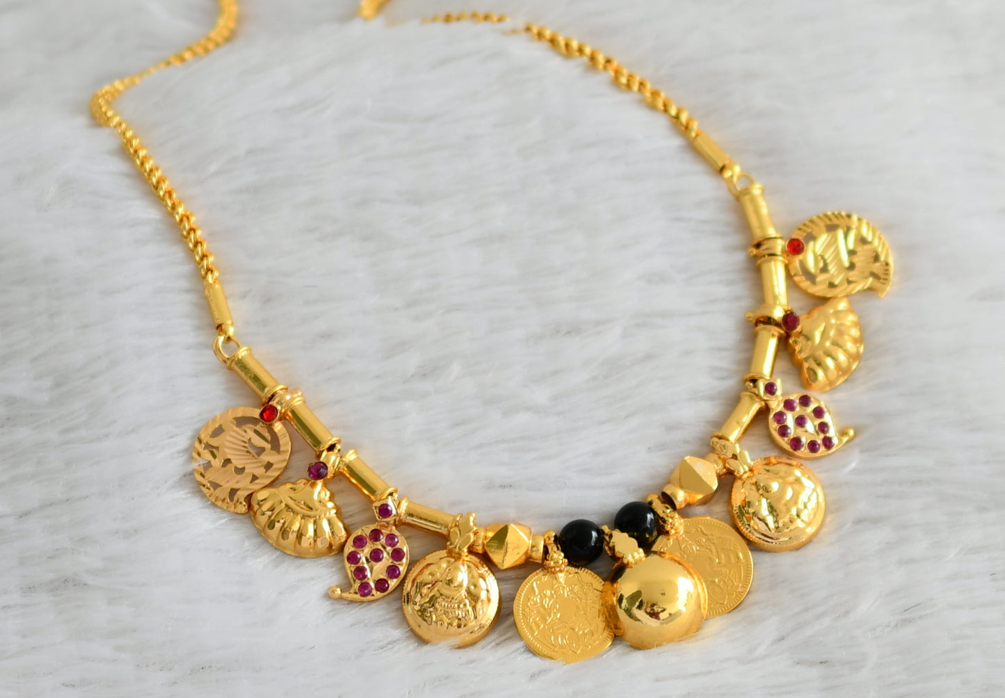 Gold tone 24 inches rope chain with black beaded pink stone mango lakshmi coin bottu mangalyam dj-48350