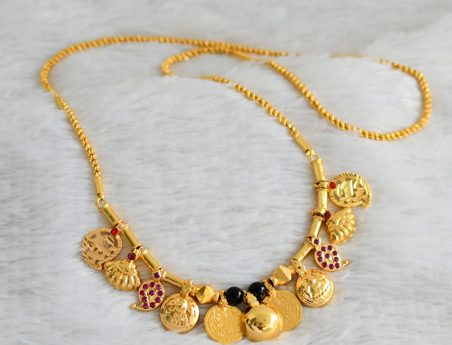 Gold tone 24 inches rope chain with black beaded pink stone mango lakshmi coin bottu mangalyam dj-48350