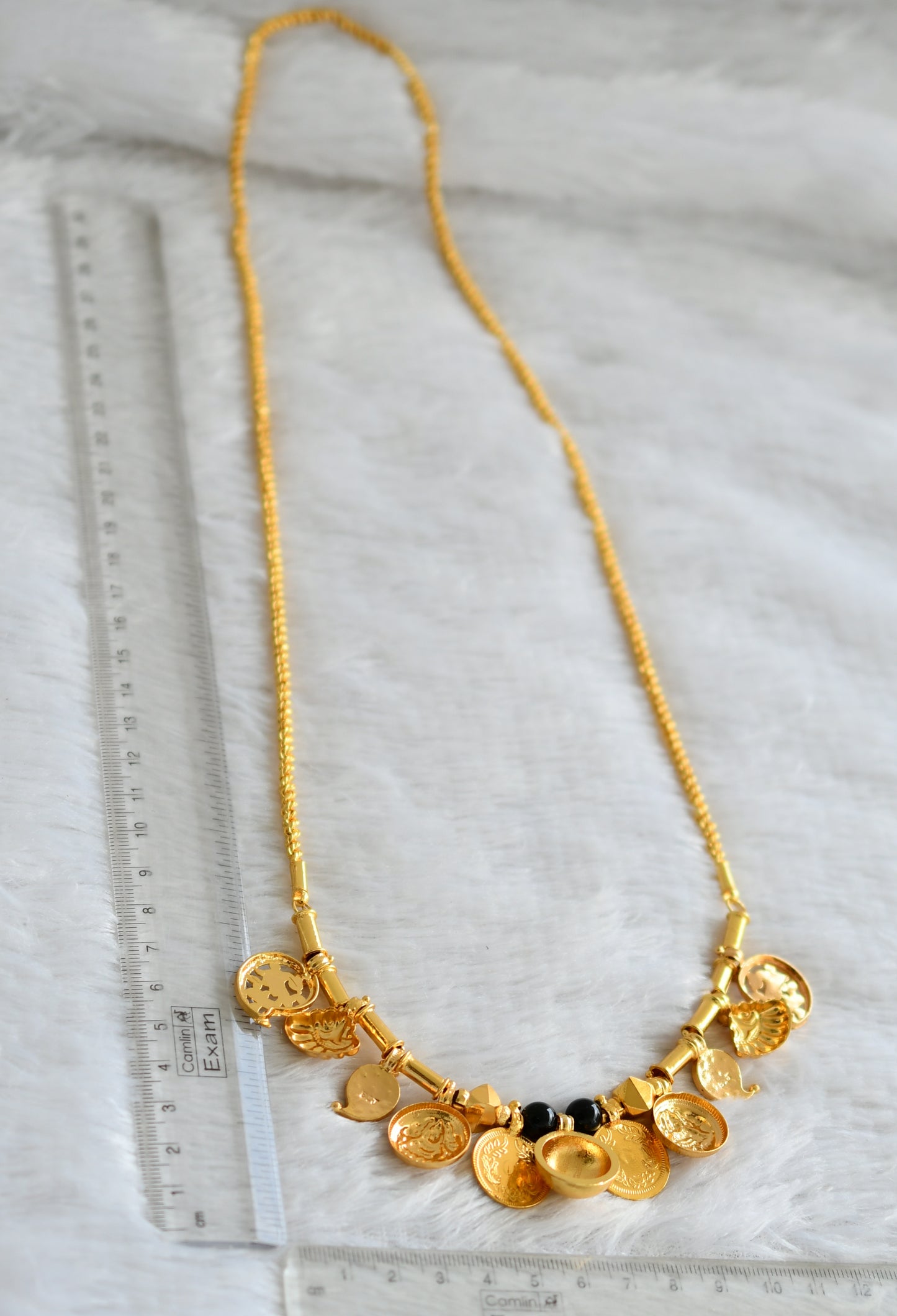 Gold tone 24 inches rope chain with black beaded pink stone mango lakshmi coin bottu mangalyam dj-48350