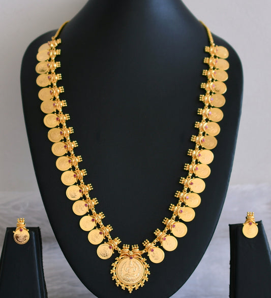 Gold tone ruby kerala style lakshmi coin haar set dj-48375